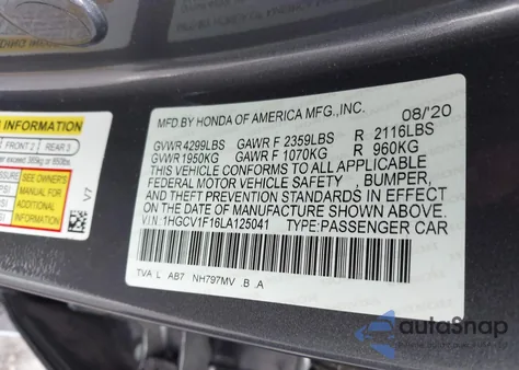 2020 Honda Accord Lx from USA, damaged, VIN 1HGCV1F16LA125041